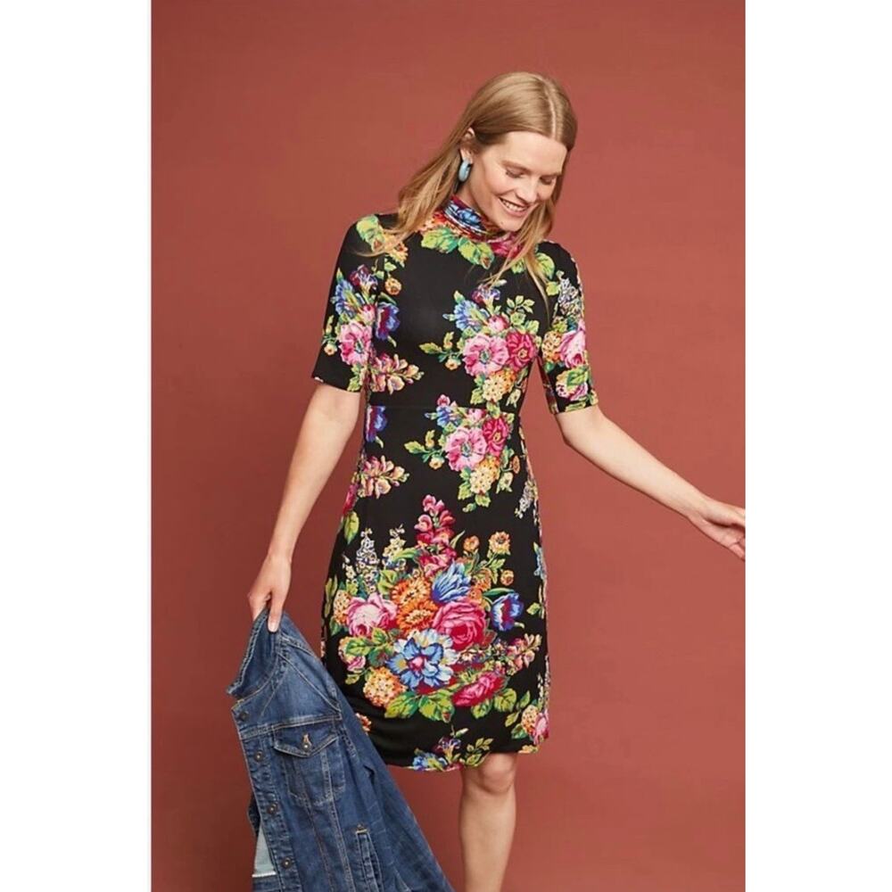 Anthropologie Ett:Twa‎ Coreyell Black Floral Turtleneck Dress Medium Cottagecore